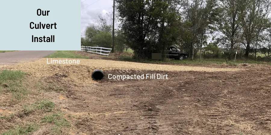 culvert install showing limestone and compacted fill dirt