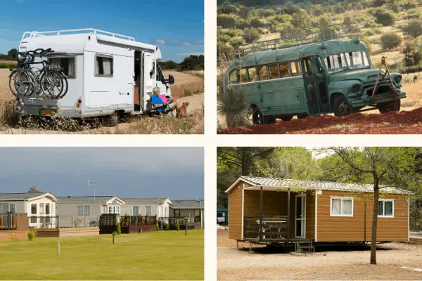 A traditional RV, a bus that can be converted to a livable space, a small home, and a tiny home in a grid