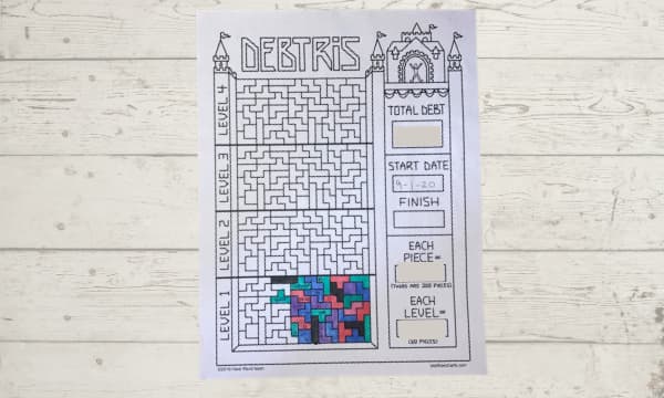 image of a a Tetris game coloring page where each block represents a dollar amount with the full image colored means you have met the goal