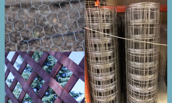 image of chicken wire, stained lattice and wire barrier rolled up as options to prevent pests from entering under the shed if installed